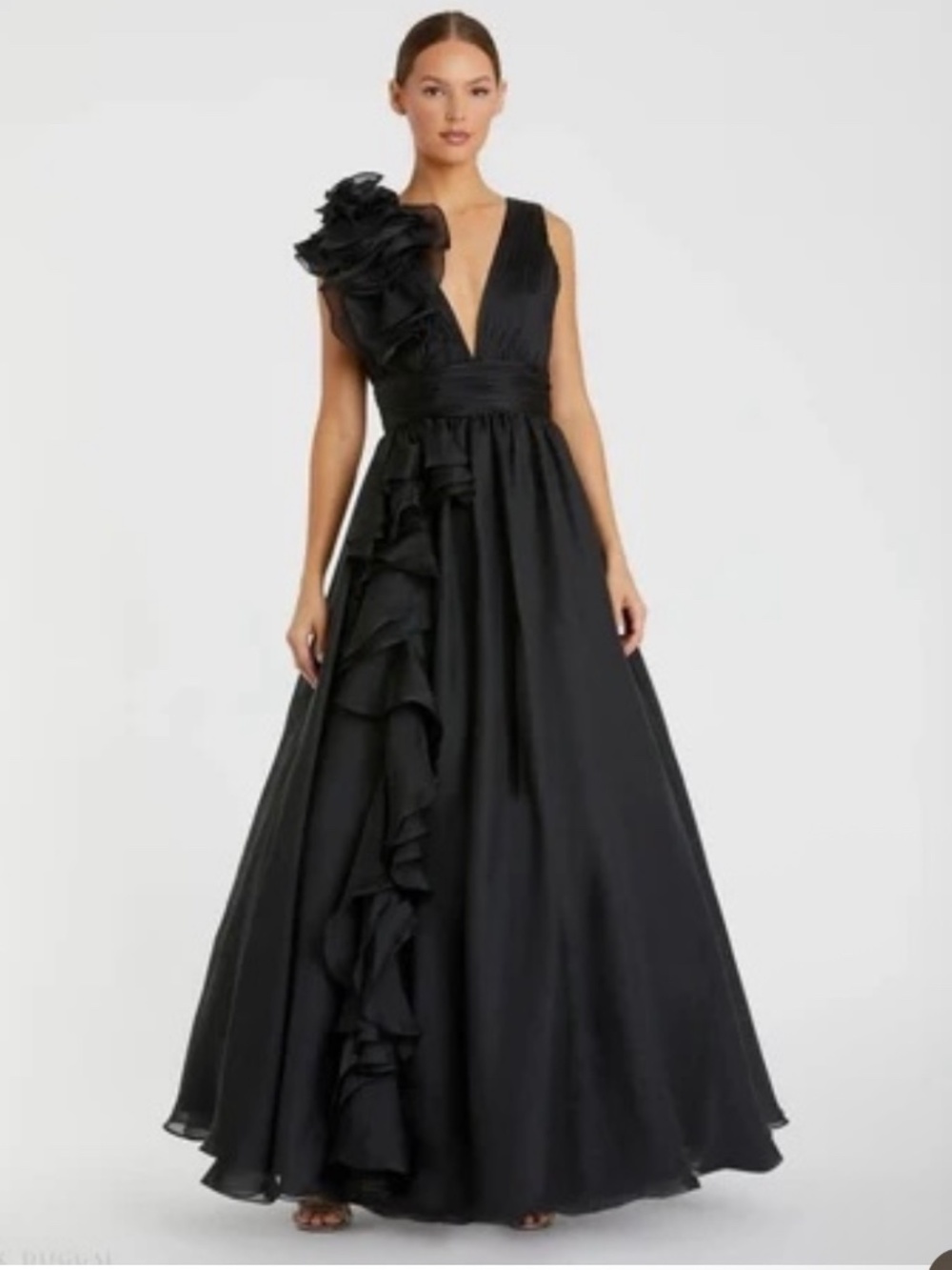 Black Ruffle Shoulder V-Neck Chiffon Gown